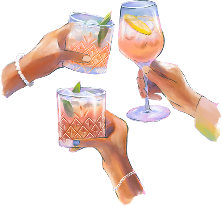 Pink Orange Gin Fizz Cocktail Toast Textured Detailed Vibrant Trendy Cheering Glass Drinks Alcohol Friends Couple Group